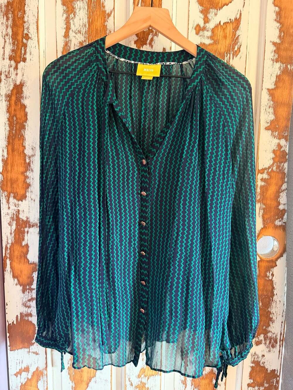 Maeve Anthropologie Zig Zag Navy & Green Long Sleeve Sheer Blouse Coastal Boho